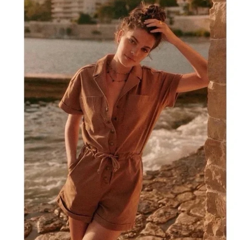 Sezane Brown Short-Sleeve Romper